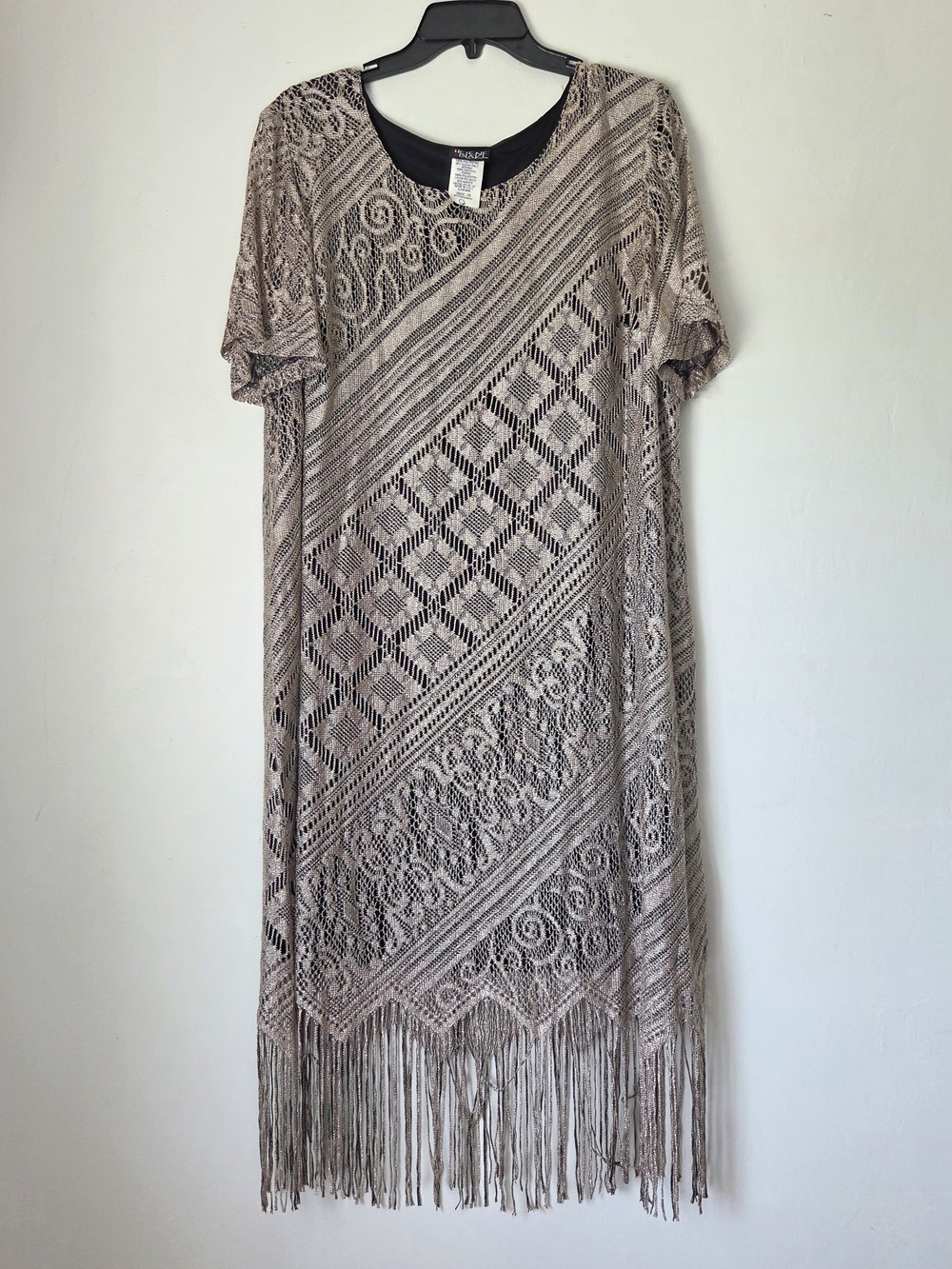Helen Blake Boho Fringe Crochet Overlay Fringe Dress in Taupe Size 16